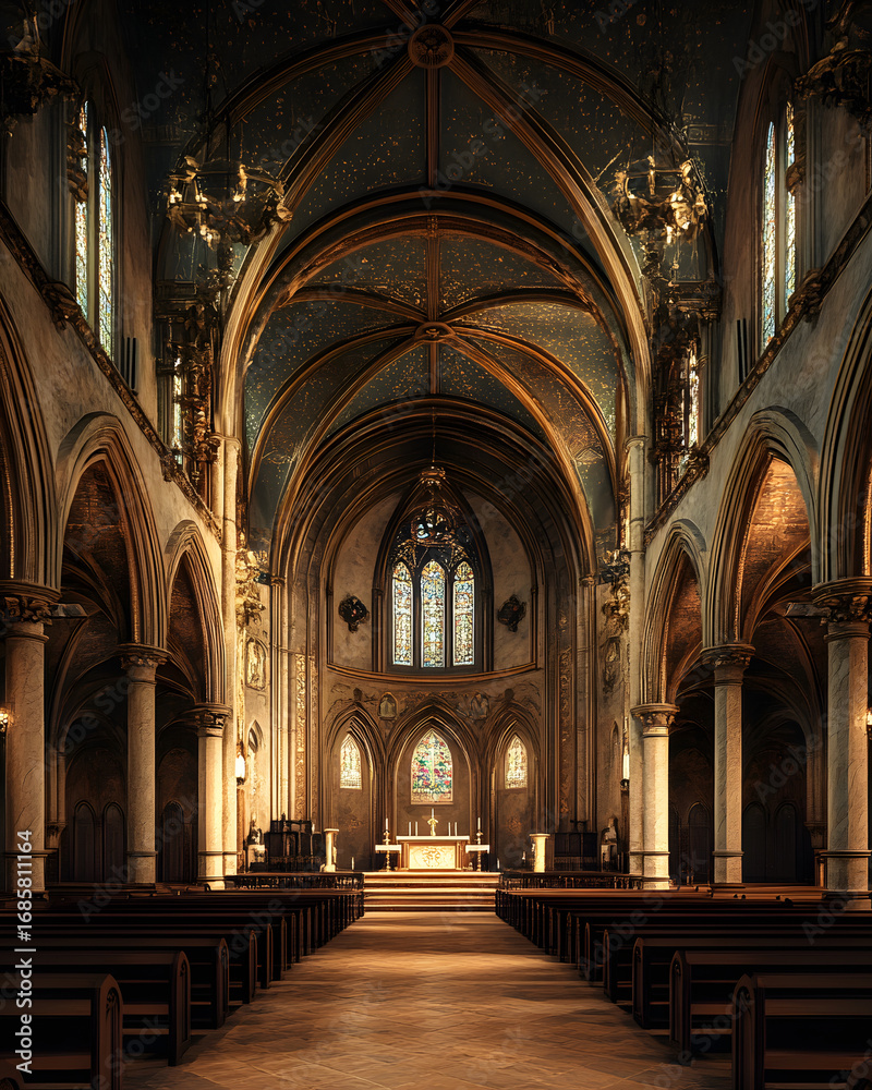 Fototapeta premium Gothic Cathedral Interior with Ornate Architecture and Spiritual Light