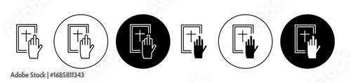 Hand in Bible icons set in black and blue colors on white background