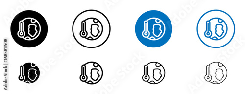 Global warming icons set in black and blue colors on white background