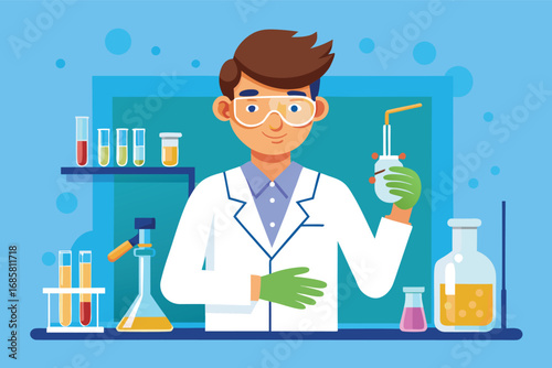Scientist conducting experiments in laboratory with colorful liquids and lab equipment