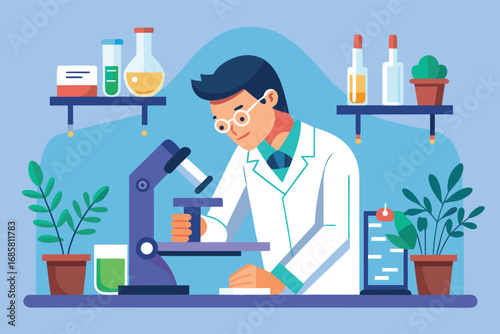 Scientist conducting research in a laboratory with equipment and plants