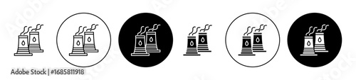 Cooling tower icons set in black and blue colors on white background