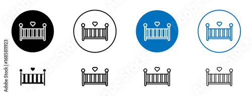 Crib icons set in black and blue colors on white background