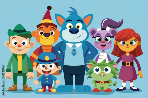 Colorful cartoon characters gather for a group photo in a playful setting