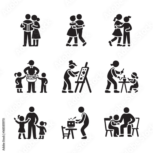 Black Silhouette Icons Family Life, Couple Interactions, Parental Guidance, and Shared Bonding Activities.