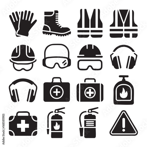 Workplace Safety Icons Collection Essential Personal Protective Equipment, First Aid, and Emergency Symbols