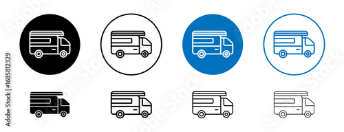 Campervan icons set in black and blue colors on white background