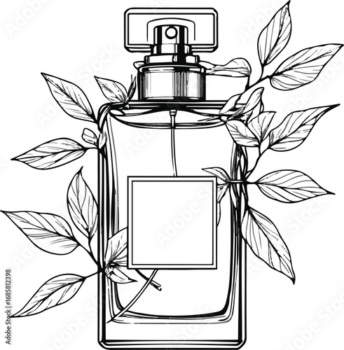 Minimalist black and white line art of a luxury perfume bottle wrapped with eco-friendly leaves, elegant smooth strokes, clean vector illustration, high-quality outline, modern sustainable fashion sty