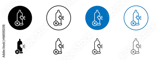 Broken condom icons set in black and blue colors on white background
