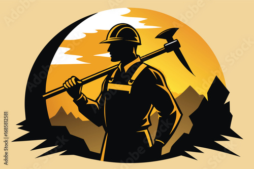 Construction worker standing strong with a pickaxe against a sunset backdrop in the mountains