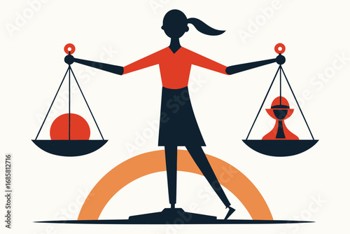 Balancing opposing elements with a figure holding scales in a minimalist style