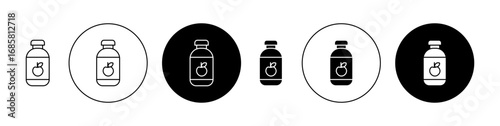 Baby food plastic bottle icons set in black and blue colors on white background