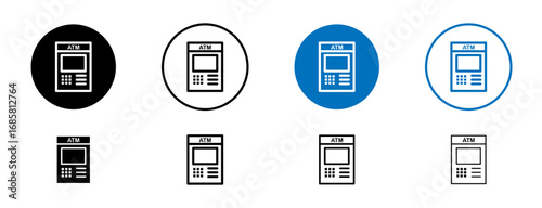 Atm icons set in black and blue colors on white background