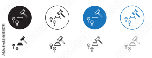 Auction icons set in black and blue colors on white background