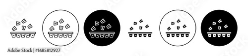 Ice cube plastic container icons set in black and blue colors on white background