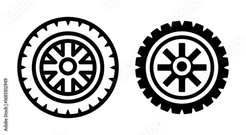 Car wheel icons set in black and blue colors on white background