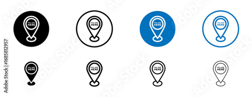 You are Here Pointer icons set in black and blue colors on white background