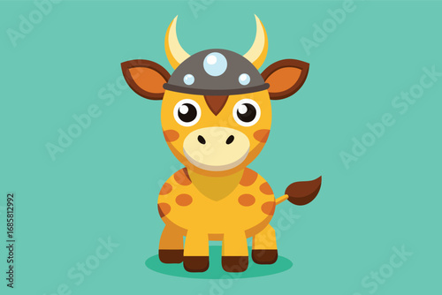 Cute cartoon giraffe wearing a helmet in a colorful design on a teal background