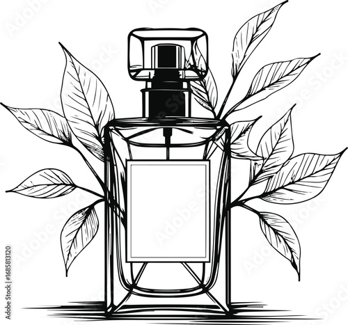 Minimalist black and white line art of a luxury perfume bottle wrapped with eco-friendly leaves, elegant smooth strokes, clean vector illustration, high-quality outline, modern sustainable fashion sty
