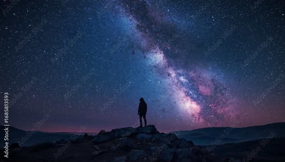 Fototapeta premium Silhouette of Person Stargazing Milky Way (AI Generated)