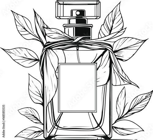 Minimalist black and white line art of a luxury perfume bottle wrapped with eco-friendly leaves, elegant smooth strokes, clean vector illustration, high-quality outline, modern sustainable fashion sty