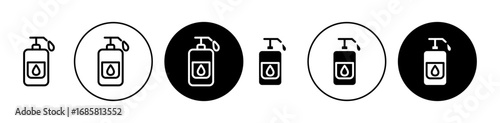 Liquid soap bottle icons set in black and blue colors on white background