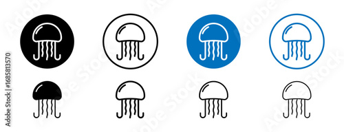 Jellyfish icons set in black and blue colors on white background