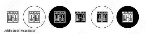 Entrance door icons set in black and blue colors on white background