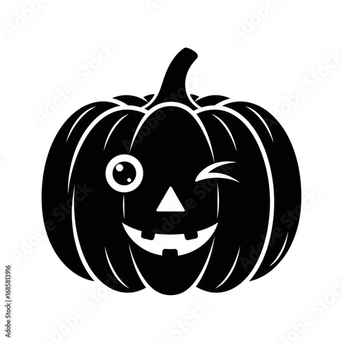 Vector art of silhouette of a carved jackolantern pumpkin with winking eye for halloween