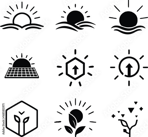 A collection of nine different black and white icons representing nature and renewable energy sources