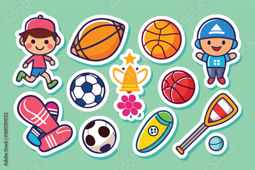 Fun collection of colorful sports stickers featuring various athletic activities and equipment