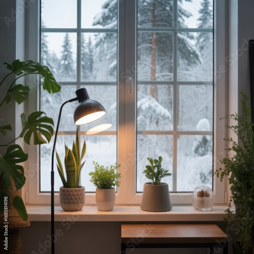 Look out the window at the winter and snow. It's cold outside. Floor lamp and plants beside