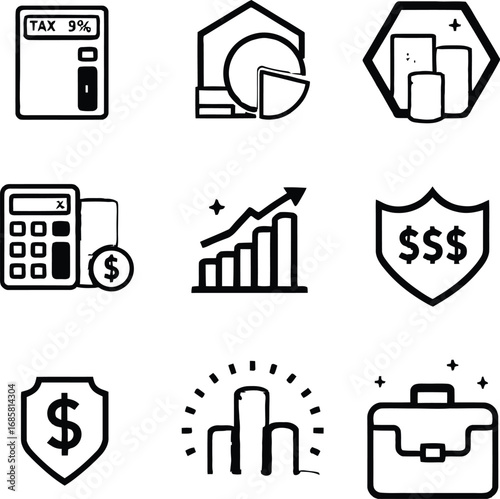 A collection of financial icons including calculator charts shields and briefcase in black and white style