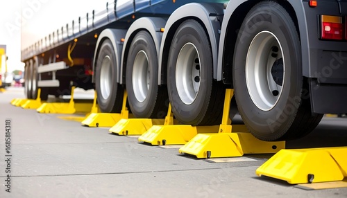 Close-up of a large semi-truck's tires and wheels, secured with yellow wheel chocks