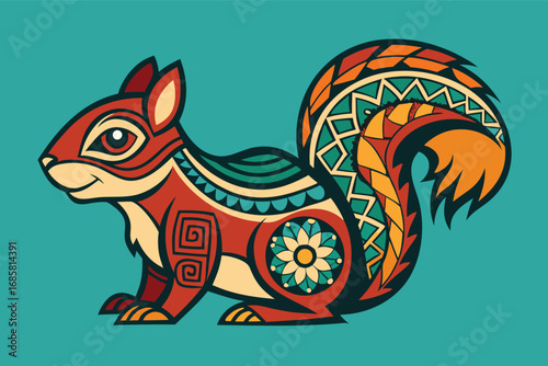 Colorful artistic representation of a squirrel with intricate designs and patterns
