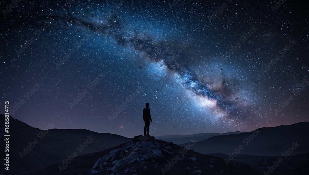 Fototapeta premium Silhouette of Person Stargazing Milky Way (AI Generated)