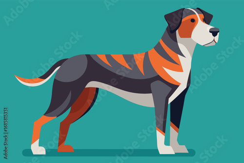 Colorful dog illustration featuring vibrant patterns and a lively stance