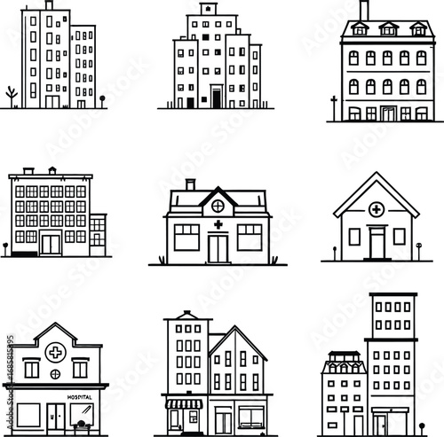 Collection of nine different building illustrations in black and white line art style on white background