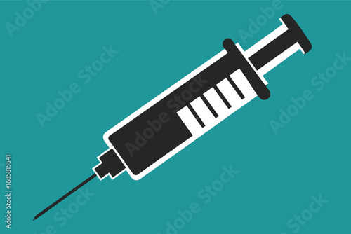 Syringe illustration on a turquoise background showcasing medical equipment for vaccinations