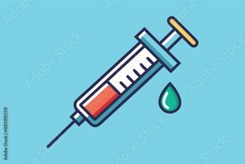 Syringe with a drop of liquid against a light blue background illustrating healthcare themes