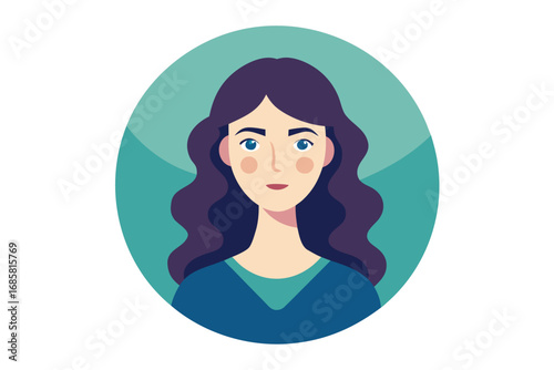 Young woman with wavy hair in a circular digital illustration against a teal background