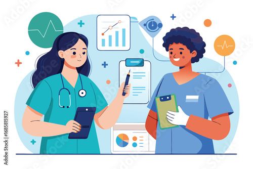 Health care professionals discuss patient data and treatment plans in a modern medical setting