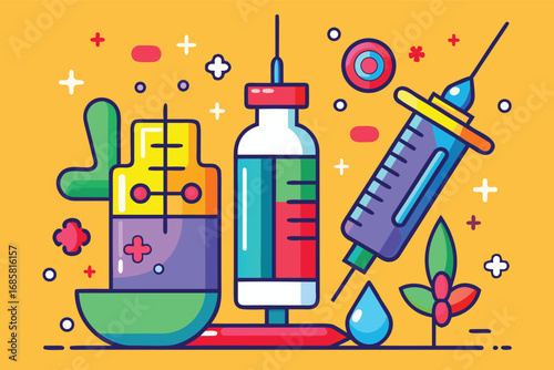 Colorful illustration of syringes and vials on a bright background showcasing medical themes