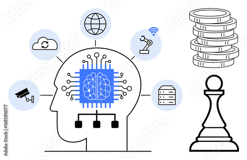 Human head with a microchip brain and connected icons of cloud, robotics, surveillance, server, money, and chess. Ideal for AI, innovation, strategy automation data decision-making technology