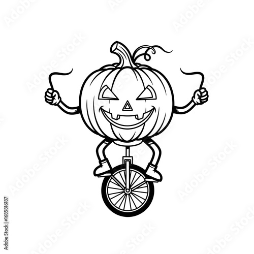 Vector art of a halloween pumpkin character riding a unicycle for halloween celebration and decoration design