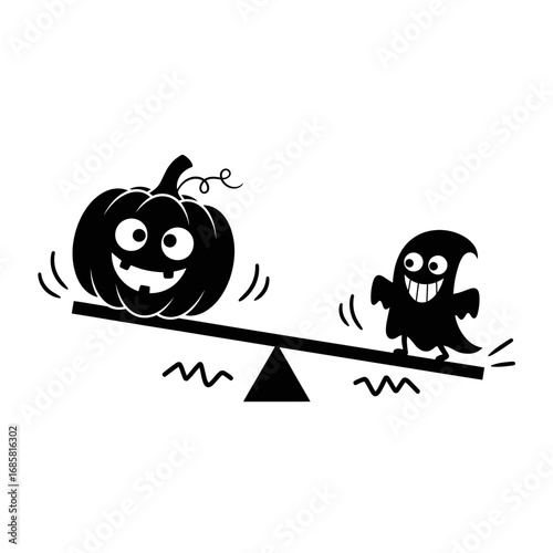 Vector art of a whimsical halloween seesaw with a smiling pumpkin and a playful ghost, , creating a fun and spooky balance
