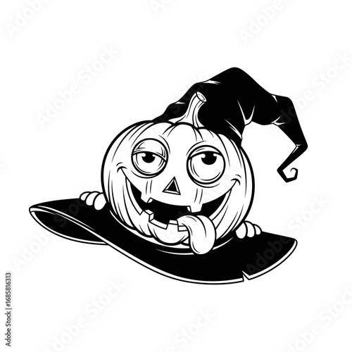 Vector art of a comical halloween pumpkin wearing a witch hat, sticking its tongue out, , for a funny and spooky design