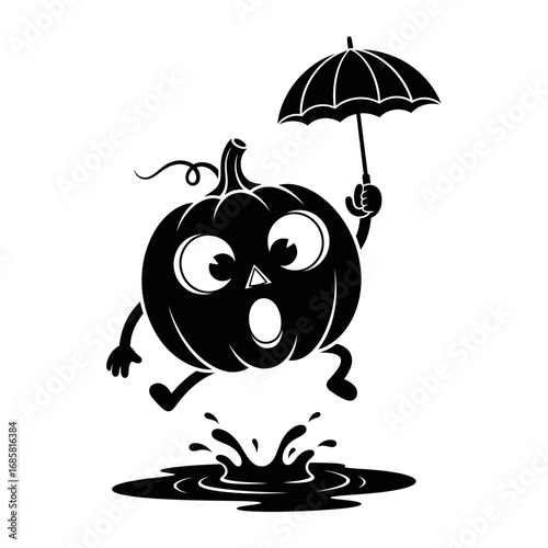 Vector art of surprised halloween pumpkin jumping over puddle with umbrella, cartoon character in action and motion