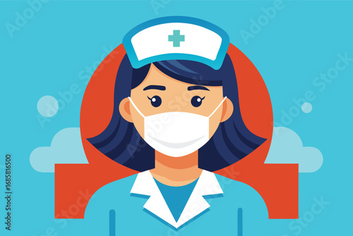 Female nurse in uniform wearing a mask assisting with healthcare in a vibrant setting