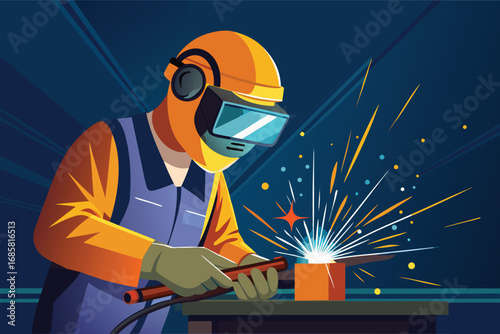 Welding action sparks creativity in a workshop environment during an evening session